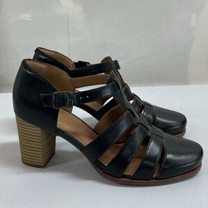 Clarks Women’s Ciera Gull T-Strap Leather Gladiator Heel Sandals Black Size 9.5